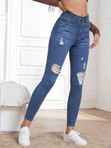 SHEIN PETITE 女士高腰口袋做旧修身休闲百搭牛仔裤 - 深色水洗藍 - 查看 3