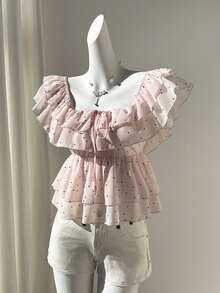 Elamini Women's Chiffon Polka Dot Cap Sleeve Off Shoulder Ruffle Hem Romantic Vacation Blouse - Multicolor - View 6