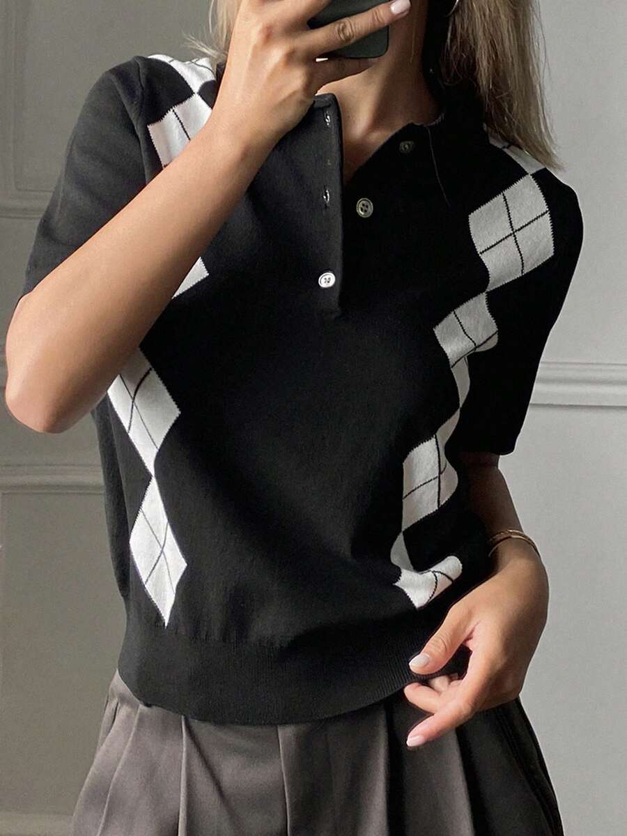 Livesso Spring & Summer Argyle Color Block Loose Fit Casual Business Office Polo Shirt Pullover Knit Top For Women - Black - View 1