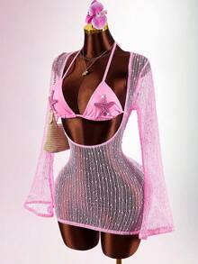 Amplova Women's Romantic Pink Beach Starfish Bikini With Sheer Cover-Up Set - Pink - View 4