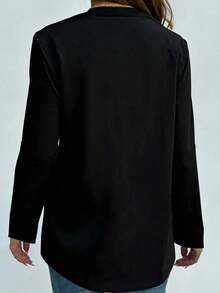 EMERY ROSE Women's Casual Everyday Office Commute Simple Solid Color Notched Neck Loose Blouse, Spring/Autumn - Black - View 2