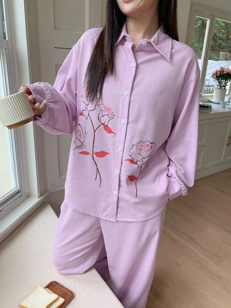 Dazy Plus 2pcs Floral Print Casual Loungewear Set - Straight Leg Pants & Plus Size Women Pajamas, Spring/Autumn