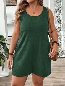 SHEIN LUNE 大码纯色斜插口袋圆领休闲针织无袖连体衣 - 軍綠色 - 查看 6