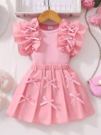 女童甜美公主风条纹无袖荷叶边上衣配蝴蝶结装饰百褶裙套装，适合夏季日常穿着、派对和聚会，两件套