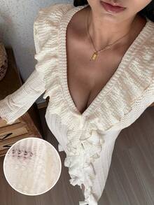 DAZY Vacation Style Textured Hollow-Out Fabric Ruffled Hem Women Sleepwear Robe - White - View 6