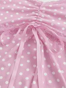 ROMWE Goth V领蝴蝶结装饰撞色波点女士修身百搭T恤 - 粉色 - 查看 4