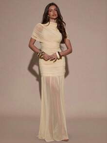 SHEIN BAE Váy ôm body nhún bèo thanh lịch, thích hợp cho tiệc cocktail, hẹn hò lãng mạn, mặc nhiều lớp mùa thu/đông, tiệc tùng, tụ họp trang trọng, Halloween, Giáng sinh - Màu be - Xem 3