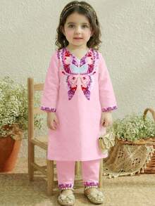 SHEIN Baby Girl V-Neck Butterfly Pattern Long Sleeve Long T-Shirt And Pants Casual Outfit For Daily Wear, Family Gathering - Multicolor - View 2