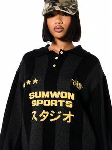 SUMWON WOMEN Oversized Knitted Polo With Dropped Shoulder Japanese Graphics And Gold Button Details - Black - View 4
