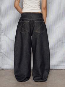 COUREZ 低腰中筒牛仔裤，采用原色牛仔布，带有工装缝线细节 / Y2K 夏季女式街头服饰外出棉质宽松牛仔裤 - 深色水洗藍 - 查看 2