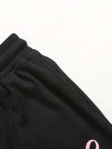 SHEIN 少女蝴蝶印花圆领短袖T恤和阔腿裤休闲套装 - 黑色 - 查看 5