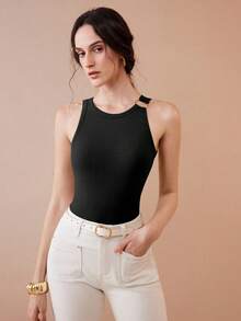 Uhlyne 女士针织纹理简约优雅休闲金属环露背性感吊带背心 - 黑色 - 查看 6