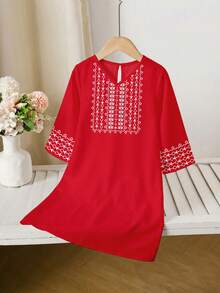 SHEIN Elegant Vintage Kaftan Robe For Baby Girl, Burgundy Red, Suitable For Spring/Summer And Festivals - Multicolor - View 2