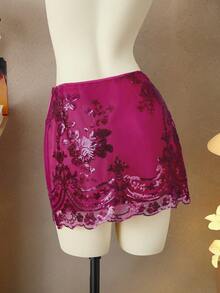 Femesol Chân váy ngắn đính sequin lấp lánh, vạt bất đối xứng dành cho nữ, hàng mới về mùa xuân/hè, phong cách Y2K cho kỳ nghỉ, tiệc tùng, Valentine, kỳ nghỉ hè, chân váy sequin màu hồng. - Màu Hồng Tươi - Xem 2