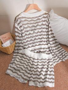 CosyJoli 大码优雅法式极简波浪纹多功能度假休闲镂空针织上衣和裤子两件套，轻盈透气，适合春夏穿着 - 駝色 - 查看 2