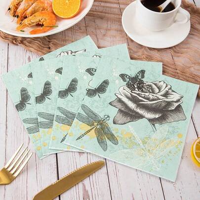 25张/套 植物图案一次性餐巾纸，13*13英寸，双层，派对餐巾纸，优雅植物甜点餐巾纸，适合女士晚宴、情人节、婚礼、生日等场合。