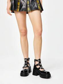 ROMWE Women's Fashion Punk Rivet Chain Decor Thick Bottom Wedge Loafers - Black - View 3