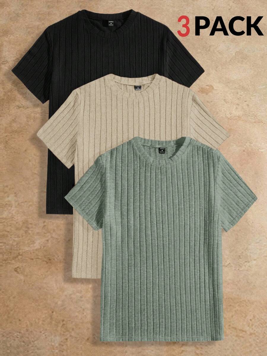 HIMLAND 男士纯色罗纹针织休闲圆领短袖T恤 男士针织上衣 男士休闲上衣 纯色T恤 100件装 男士T恤套装 男士针织上衣 - 彩色 - 查看 1