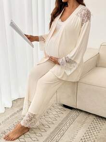 SHEIN 三件套孕妇装：纯色蕾丝拼接外套、吊带背心和裤子 - 杏色 - 查看 6