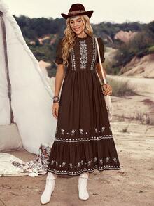 LanaWest Women's Brown Floral Summer Boho Vacation Holiday Dress,Frill Collar Long Sleeve High Waist Embroidered Wavy Hem A-Line Maxi Vintage Western Dress - Brown - View 6