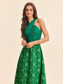 Coeurva Đầm dệt kim ghép mảnh màu trơn, kiểu trễ vai dành cho nữ, thích hợp cho mùa xuân/hè. - màu xanh lá - Xem 3