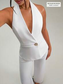 SHEIN Damen Weiße Kreuzknopf Wickel-Weste - Ärmellos, Regular Fit, dekorative Goldknöpfe, elegante Nicht-Stretch Blazer-Stil - Weiss - Übersicht 1