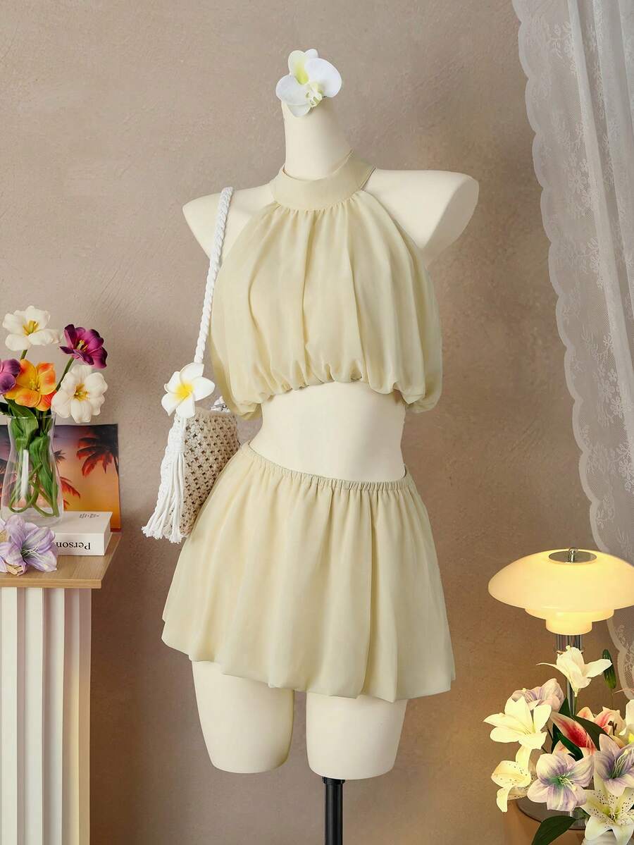 Femesol Bộ váy ngắn không tay cổ yếm ôm sát, dáng xòe bồng bềnh, thanh lịch và thời trang cho mùa xuân/hè. - Màu be - Xem 1