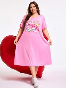 SHEIN CURVE+ 加大码/情人节/加大码红色心形印花长裙，情人节 - 粉色 - 查看 3