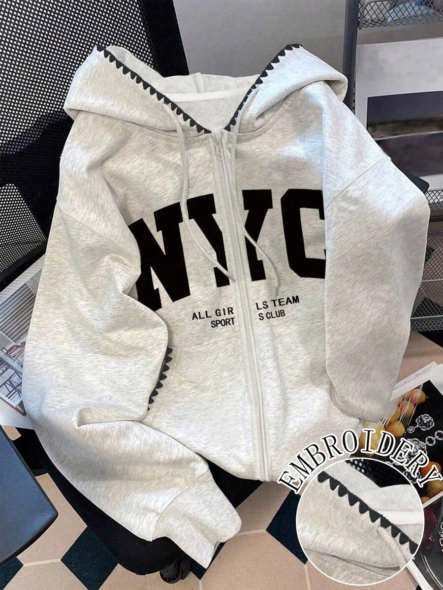 Resyla 女士外套上衣，犬牙刺绣，秋冬季，返校季，图案设计，字母印花，街头摄影，户外，节日，百搭时尚卫衣 - 灰色 - 查看 1