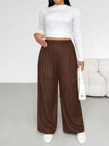 SHEIN Essnce Pantaloni largi pentru femei, mărime plus, toamnă/iarnă, la modă, casual, lejer, confortabili, de zi cu zi, de bază, versatili, subțiri, din material periat, cu talie elastică, cu picior larg, toamnă, pantaloni de damă, stil simplu - Maro - Vizualizare 6