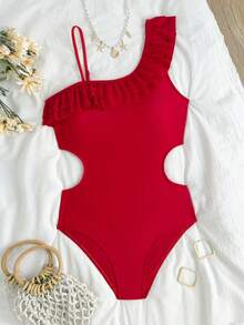 SHEIN Traje de baño de una pieza con doble volante hueco para adolescentes en color rojo - Rojo - Ver 3
