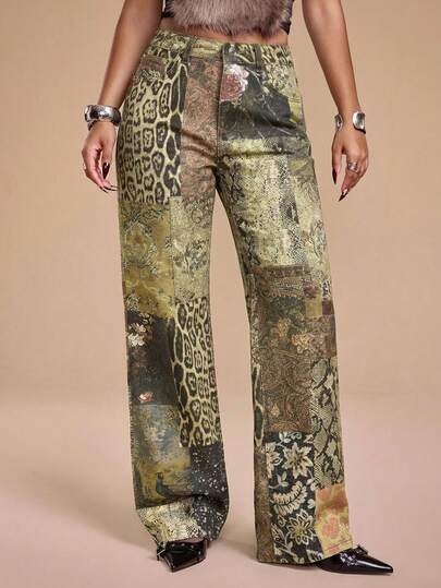 Grunge Punk Vintage Y2K Sexy Animal Print Hippie Pattern Slim Straight Leg Women Jeans
