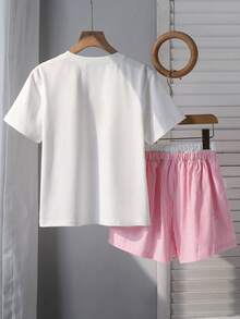 SHEIN 2件套女童樱桃图案休闲柔软针织T恤和条纹腰带拼接短裤套装 - 粉色 - 查看 2