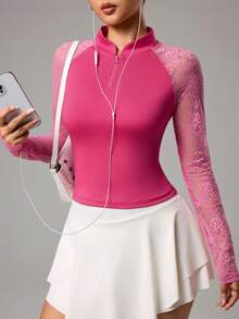 CourtClass Women's Contrast Lace Raglan Sleeve Zip-Up Golf Polo Shirt - Hot Pink - View 1