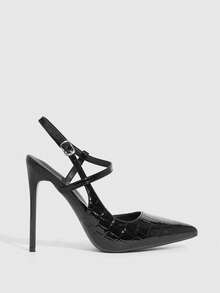 CUCCOO SZL 女士尖头高跟鞋，亮黑色材质，时尚性感夜店派对走秀踝带超高跟鞋，圣诞节必备 - 7639石頭紋黑 - 查看 2