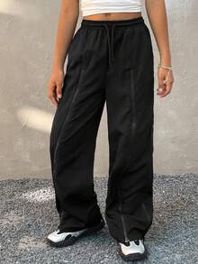 少女春夏街头风复古必备单品，街头迷彩拉链宽松高腰阔腿裤 - 黑色 - 查看 5