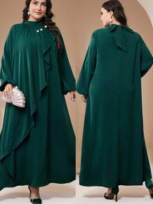 Veilorie 加大码女式立领纯色长袖宽松珍珠装饰阿拉伯长裙 - 墨綠色 - 查看 1
