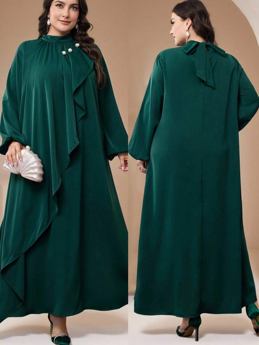Veilorie 加大码女式立领纯色长袖宽松珍珠装饰阿拉伯长裙 - 墨綠色 - 查看 1