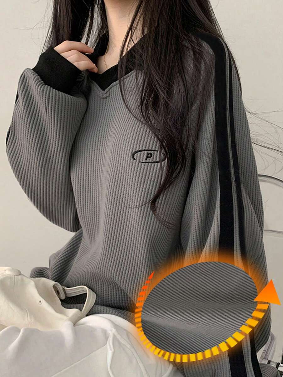 DAZY Women's Colorblock Letter Graphic Pullover Sweatshirt, Collegiate Style - Grey - View 1