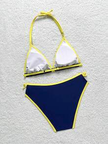 SHEIN Teen Girls' Navy Blue & Yellow Contrast Trim Halter Neck Bikini 2 Pieces Swimsuit, Spring/Summer