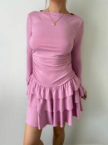 SHEIN EZwear Vestido corto casual de mujer con volantes en el bajo y unicolor - Rosa - Ver 3