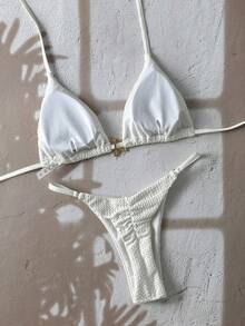 Swim Mod 2pcs/Set Summer Beach Vacation Solid Textured Fabric Golden Starfish Decor Halter Bikini Set Sexy Swimwear Cream Bikini Seashell Bikini Triangl Bikini Textured Bikini Sea Shell Bikini White Bikini Starfish Bikini - White - View 2