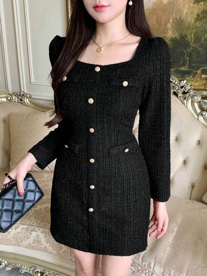 DAZY Women's Elegant Square Neck Textured Button Decorated Mini Dress, Autumn