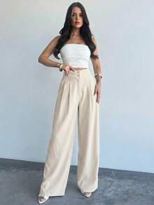 Firerie 女士优雅休闲阔腿裤，杏色纯色高腰褶裥宽松长裤，时尚百搭，新款春夏裤装，度假裤 - 杏色 - 查看 4