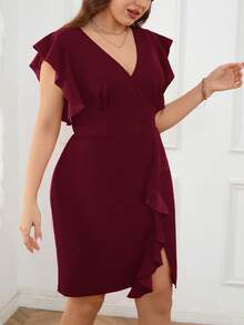 SHEIN Privé 大码女士优雅荷叶边V领开衩连衣裙，红色，适合浪漫约会、聚会、日常穿着、春夏派对 - 酒紅色 - 查看 3