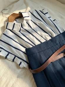 Franclia White And Blue Striped Short-Sleeved Shirt Paired With An Irregularly Pleated Navy Blue Women's Skirt Creates An Elegant Two-Piece Set Suitable For Everyday Wear, Commuting, Business Dates, And More. It Has A Preppy Style And Is Suitable From Spring To Summer, As Well As For Valentine's Day, Carnival Occasions, And Other Elegant And Casual Women's Outfits.Graduation Season Attire, Fashionable Casual Commuter Wear, Business Office Wear, Versatile And Stylish Everyday Casual Wear, Urban Teacher's Professional Attire - Multicolor - View 4