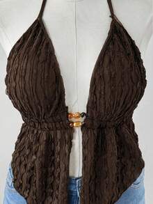 Sunspun Y2K美式朋克纹理露脐吊带系带背心（女款） - 棕色 - 查看 5