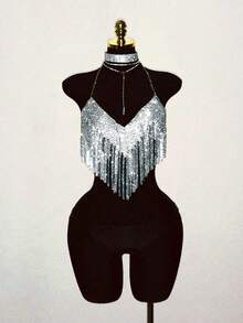 EgrlEra Women's Metal Spaghetti Strap Necklace, Fringed And Shiny, Suitable For Music Festival And Party Outfits - Silver - View 1