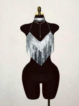 EgrlEra Women's Metal Spaghetti Strap Necklace, Fringed And Shiny, Suitable For Music Festival And Party Outfits