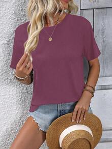 Breezaya 女士纯色露背短袖休闲圆领T恤 - 紫色 - 查看 4